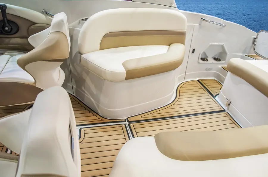 Sleek, modern boat interior with gray vinyl seats.