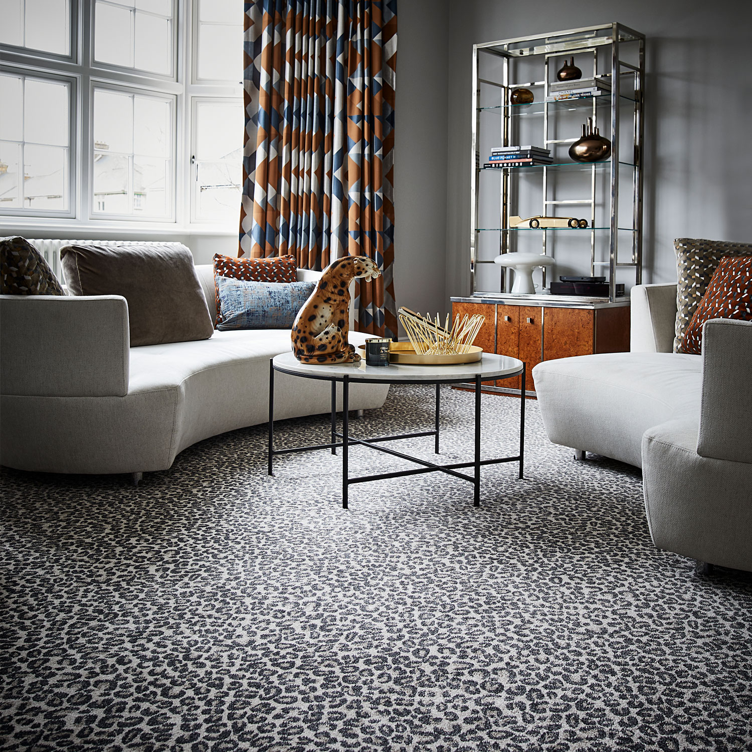 Vibrant geometric pattern in a bold carpet