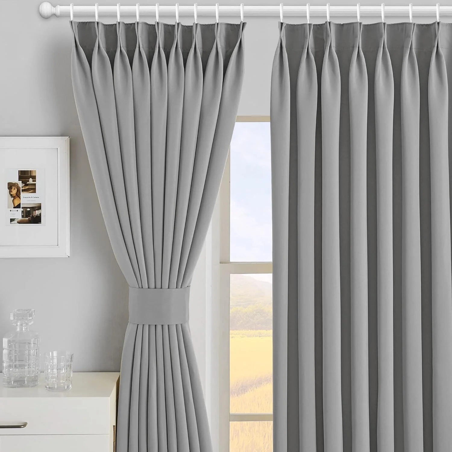 Flowing linen curtains in a neutral beige color