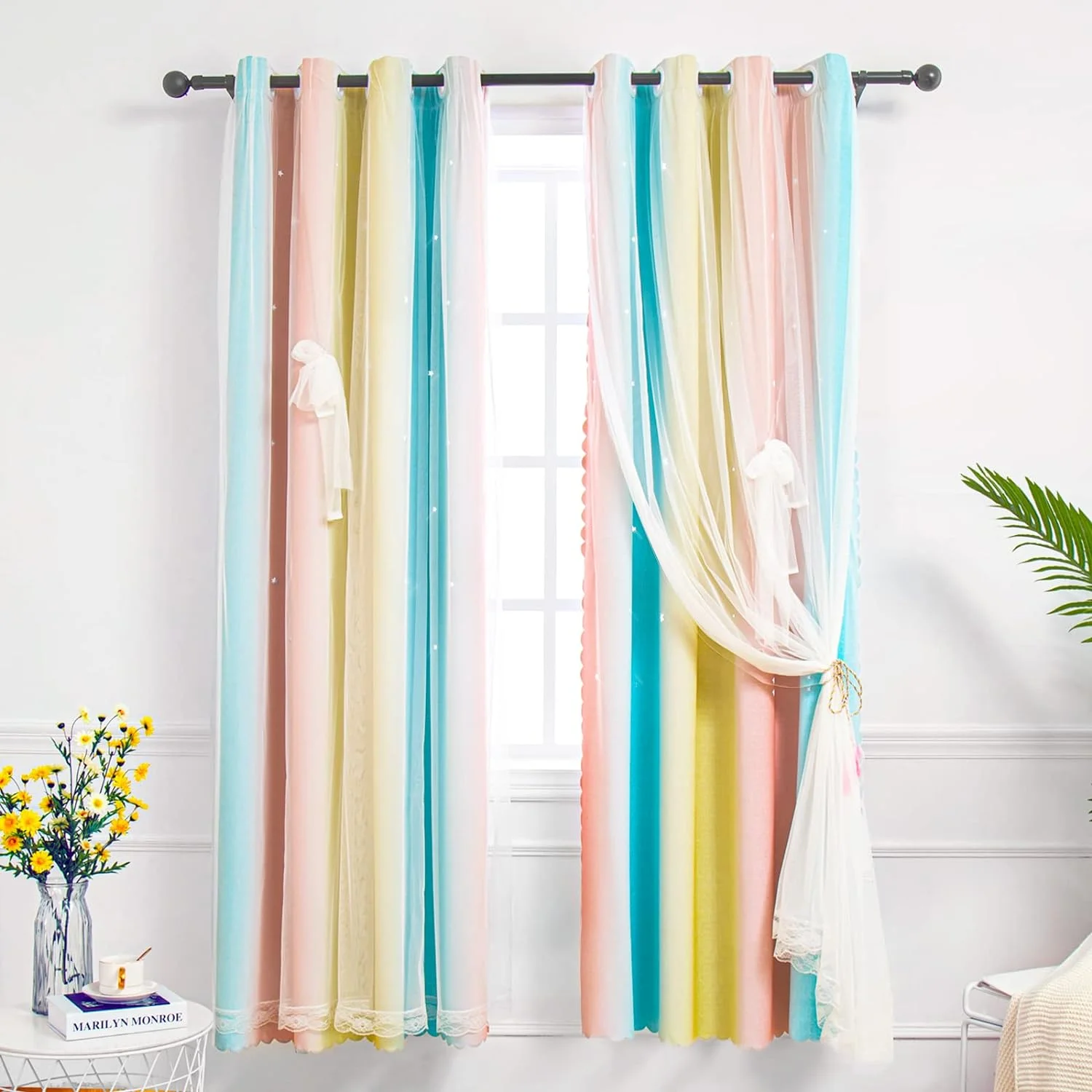 Light-filtering curtains in a soft pastel shade