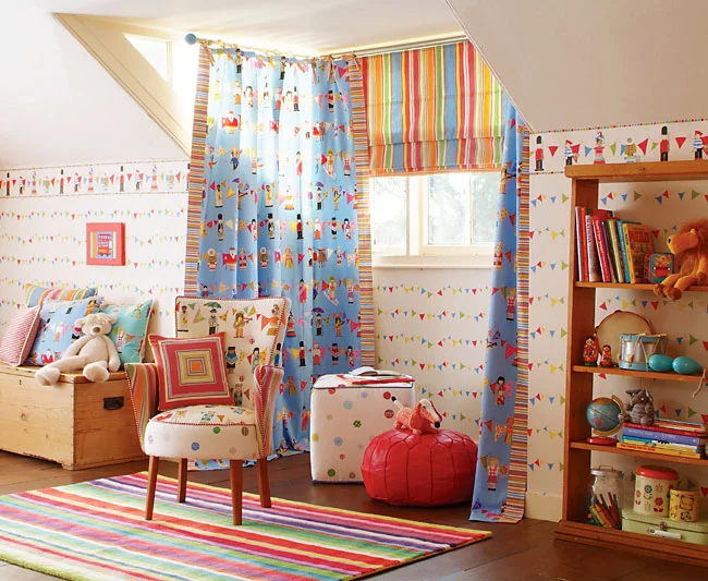 Cheerful curtains with bright geometric shapes