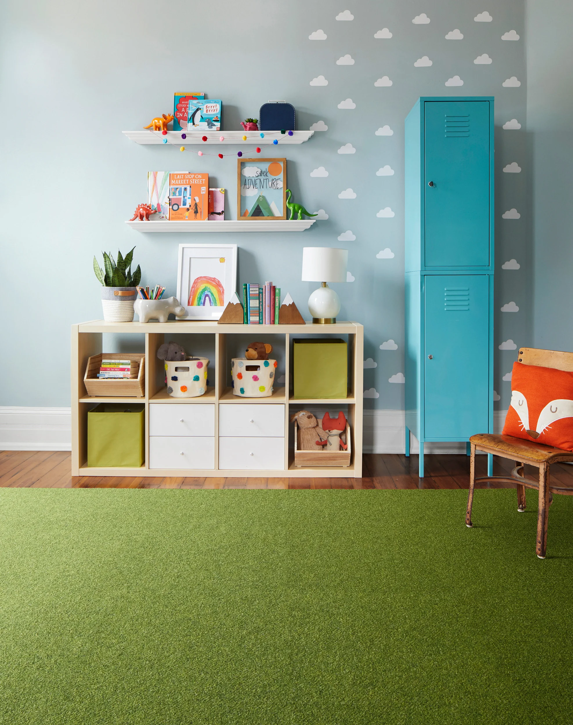 A minimalist space accented by a lime green carpet