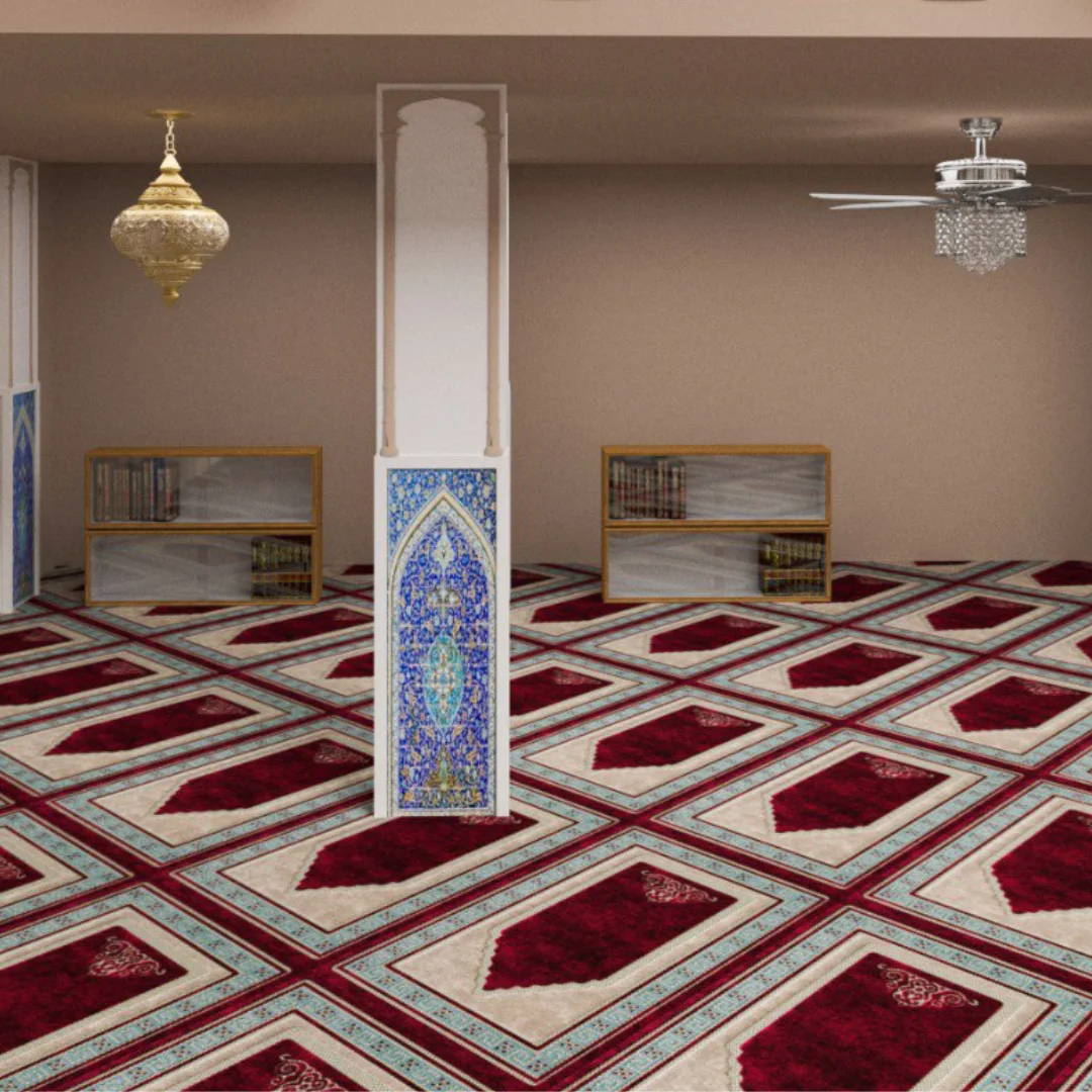 Floral designs woven into a masjid carpet, symbolizing beauty and peace.