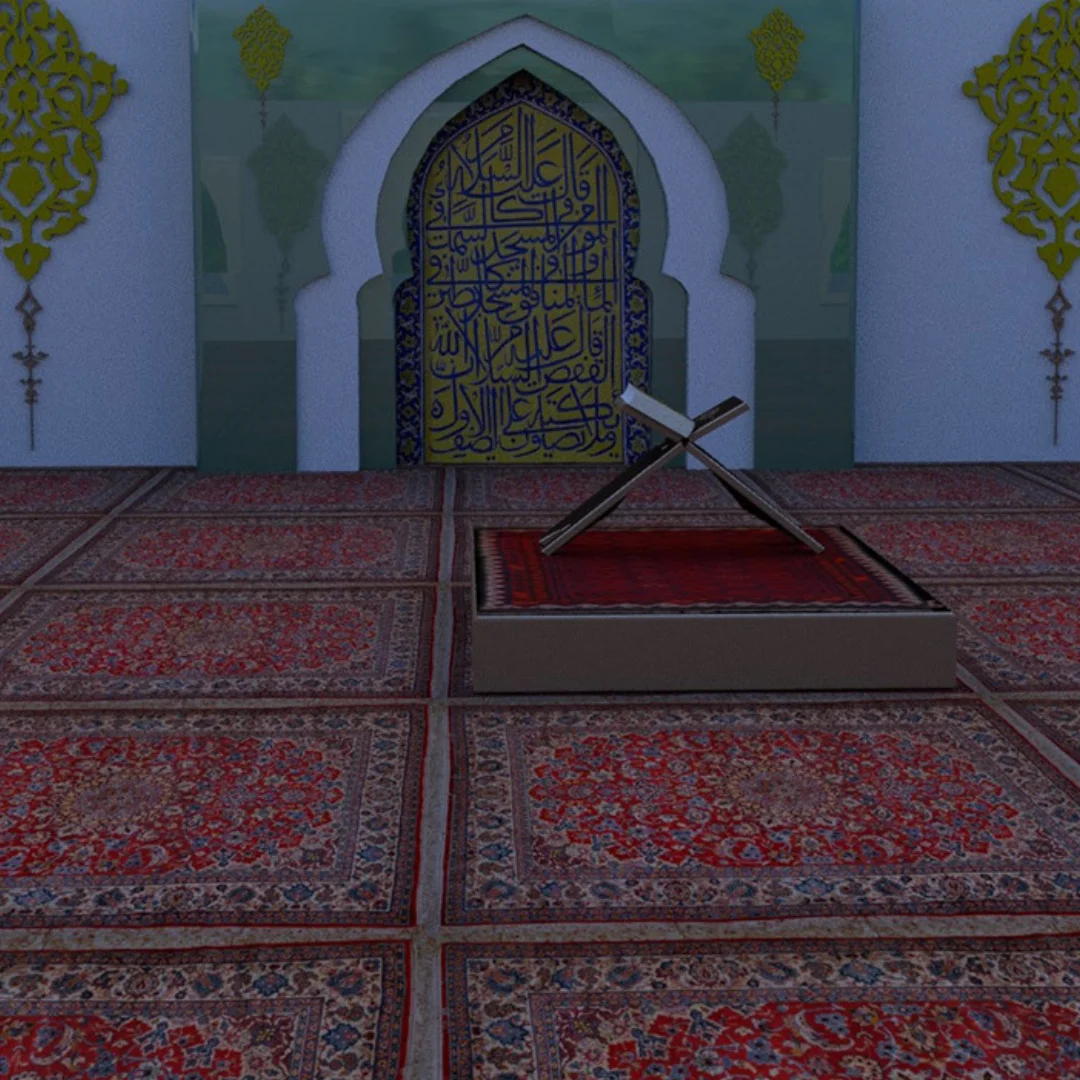 A serene setting in a masjid with a beautifully designed carpet.