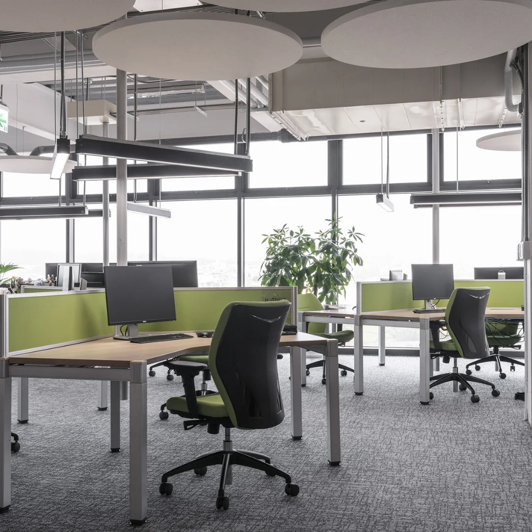 Picture of a carpet with geometric patterns in a modern office layout