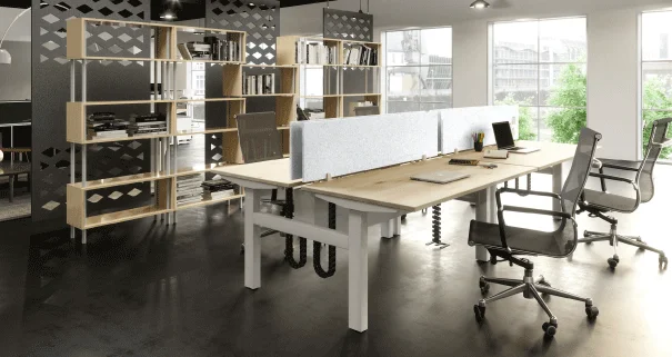 Affordable and functional office desks and dividers.