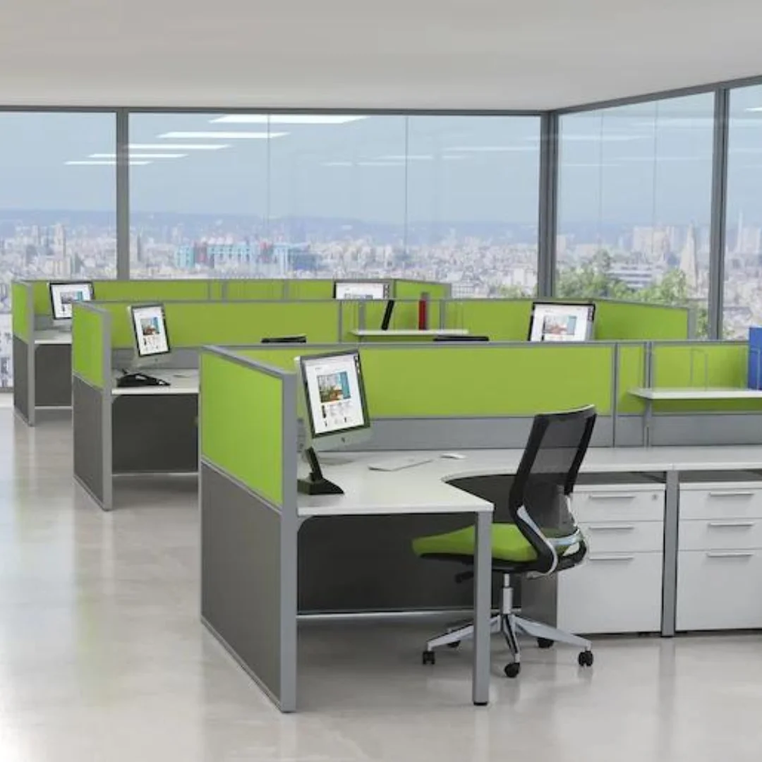 Functional and practical office workstations and dividers.